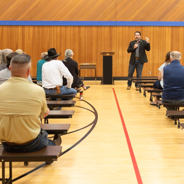 Tuolumne County Supervisor Ryan Campbell speaking at a Town Hall at Belleview Elementary shortly after the Chinese Camp Fire